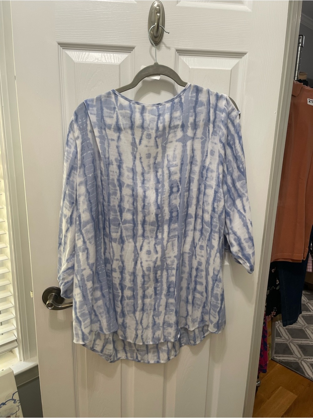 Cato Blue and White Tie-Dye Peasant Blouse with Front Tie - Picture 9 of 13